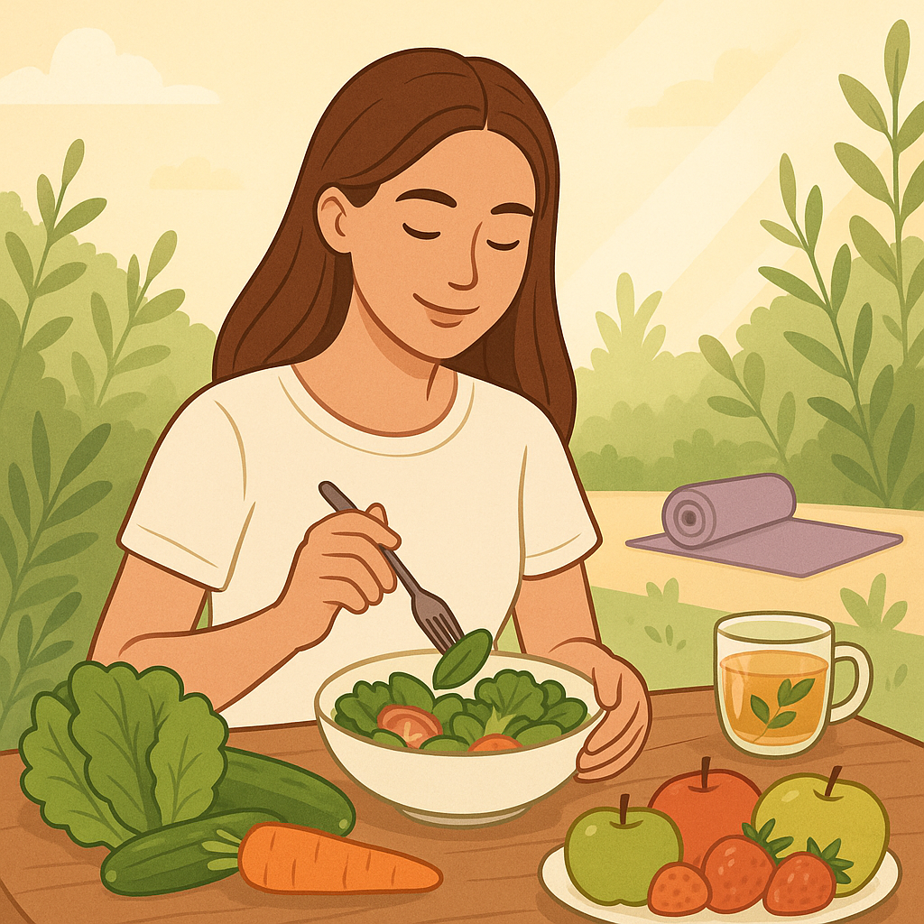 A serene, uplifting scene showing a woman with healthy hair enjoying a wholesome meal outdoors, surrounded by fresh fruits, vegetables, and leafy greens. In the background, calming elements like soft sunlight, yoga mat, herbal tea, and plants suggest stress management and wellness. The style should be clean, natural, and optimistic – ideal for a medical wellness blog about hair loss prevention after COVID-19.