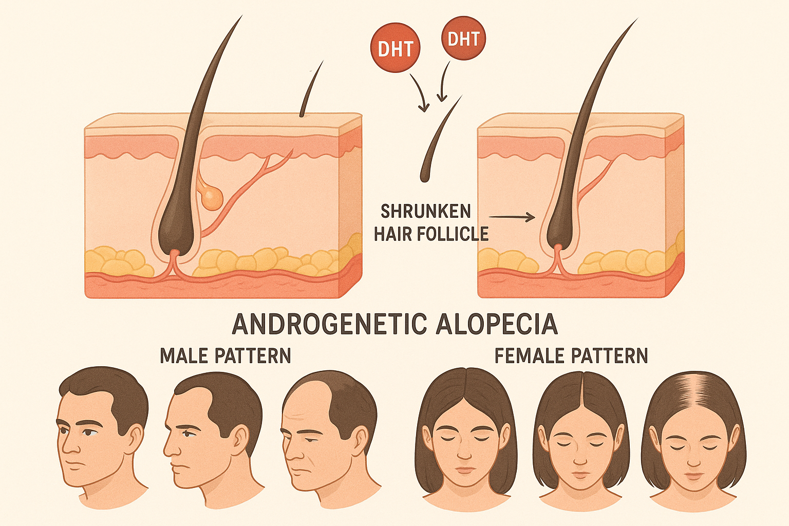 Androgenetic alopecia DHT effects on hair follicles illustration