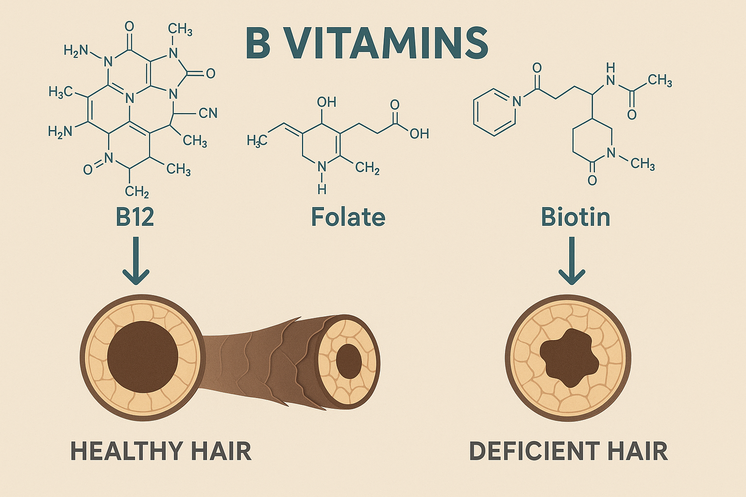 B12 folate biotin molecular structures showing impact on healthy versus deficient hair strand structure