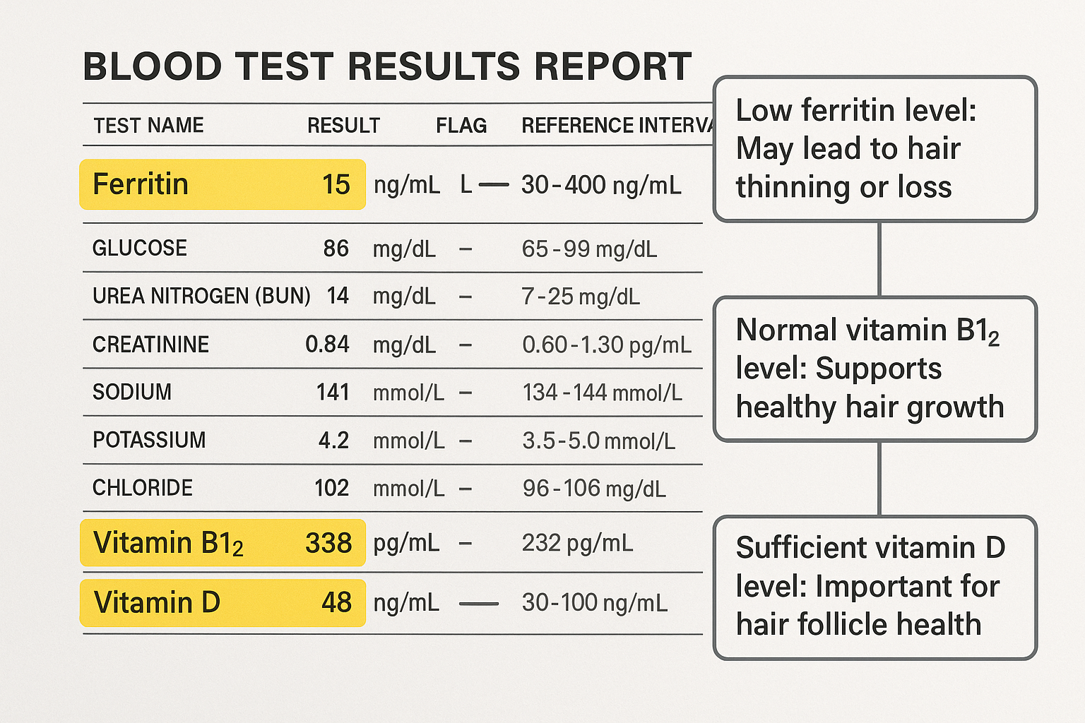 Sample blood test results report with highlighted ferritin B12 vitamin D levels and hair health annotations