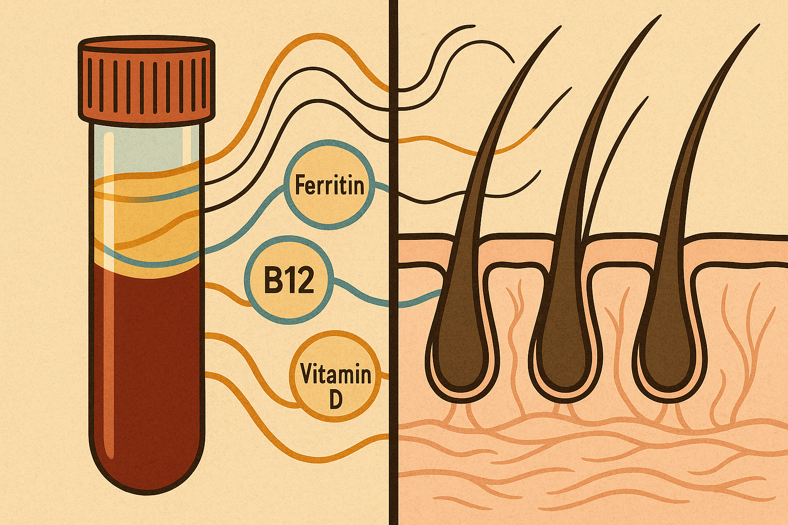 Blood test vial connected to healthy hair follicles showing nutrient pathways for ferritin B12 vitamin D