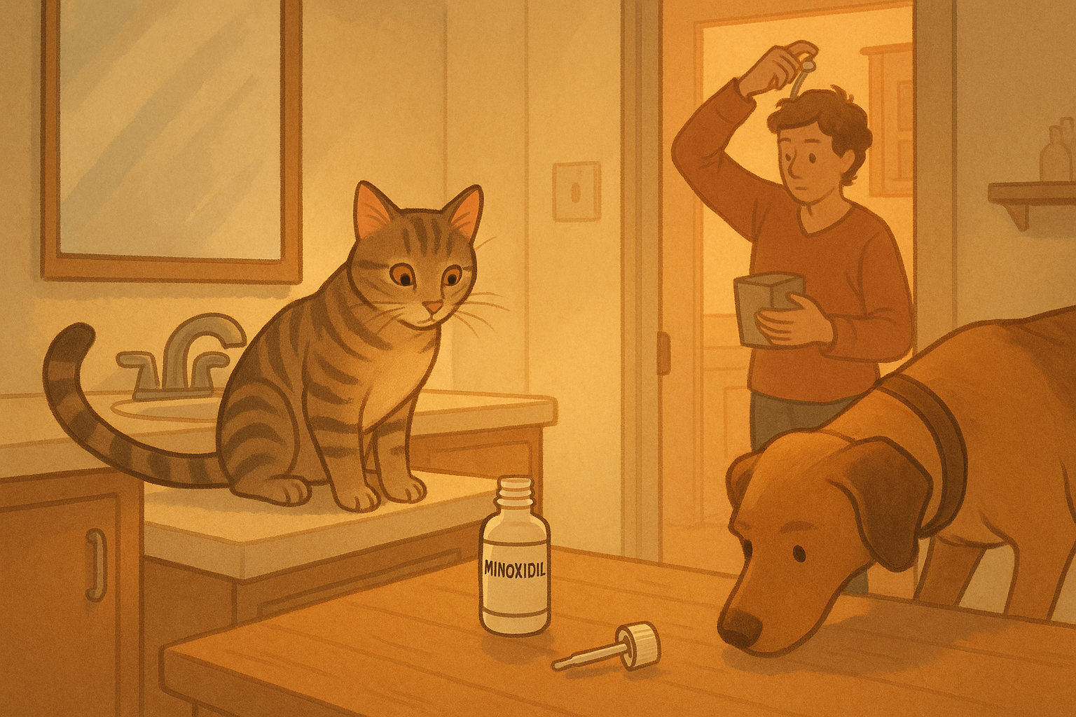 accidental exposure — cat on bathroom counter sniffing uncapped bottle