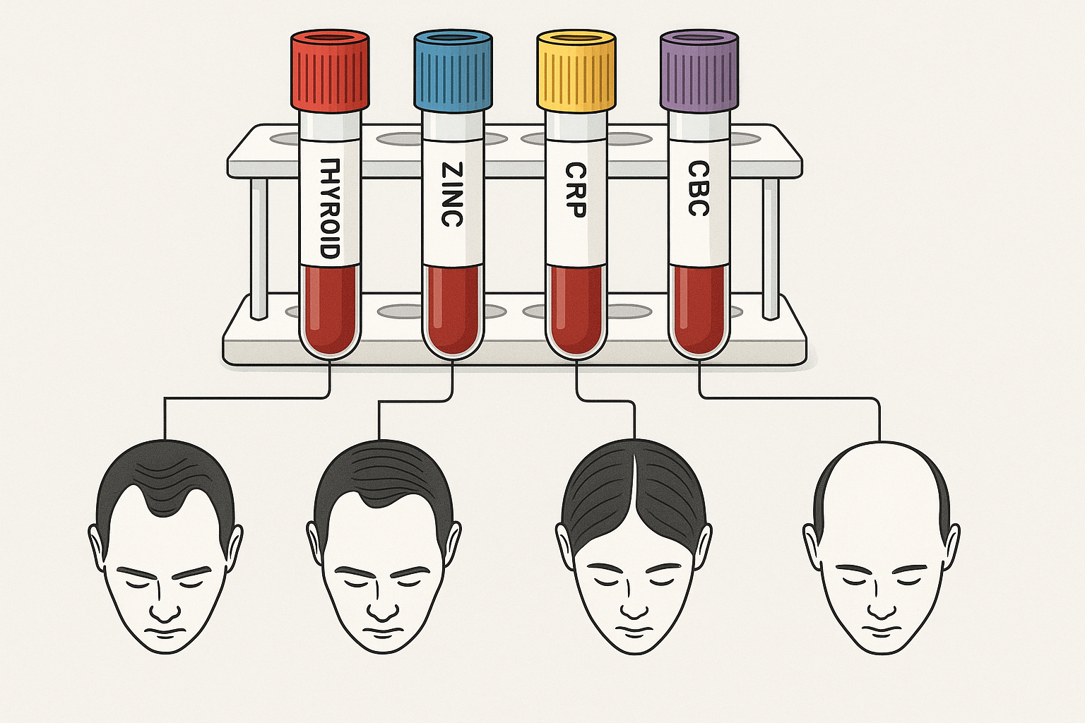 Laboratory test tubes for thyroid zinc CRP CBC tests connected to different hair loss pattern illustrations