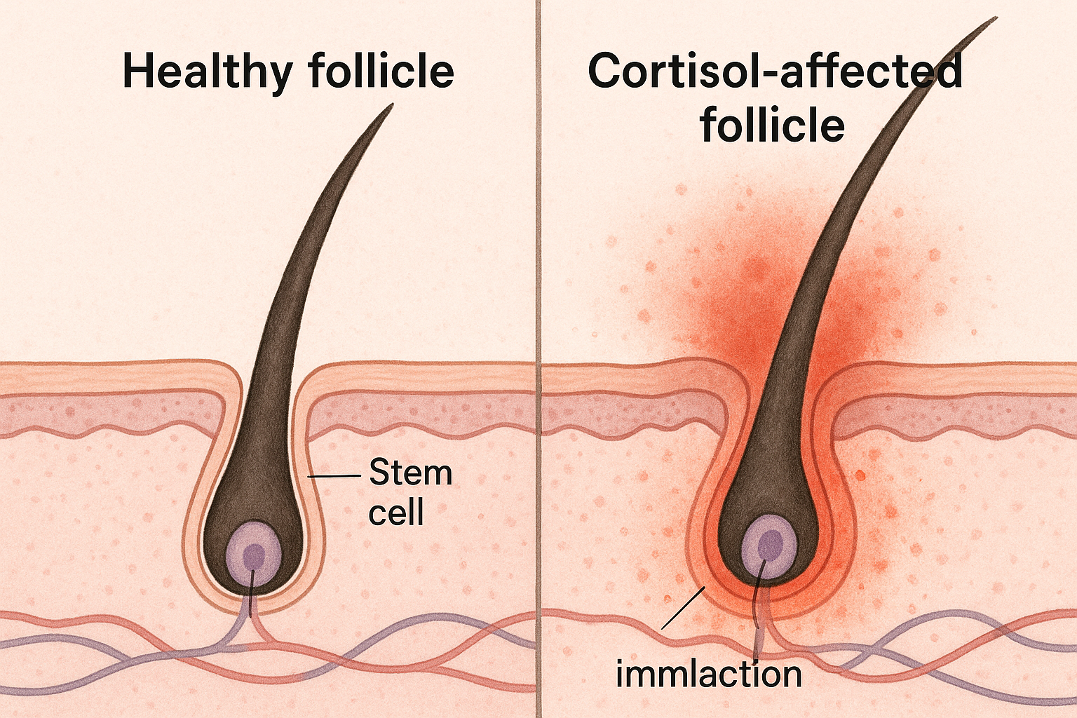 Microscopic comparison of healthy hair follicle versus cortisol-damaged follicle