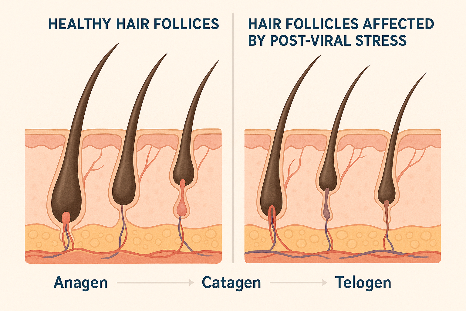 Comparison of healthy vs COVID-affected hair follicles showing hair growth cycle disruption