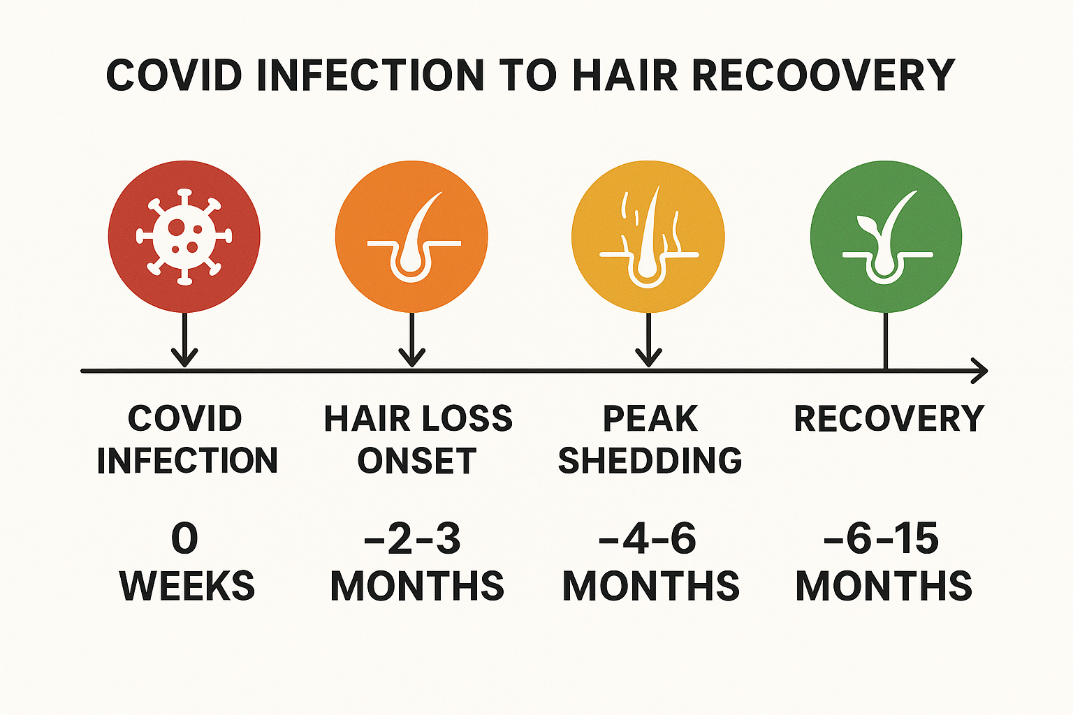 Timeline showing COVID hair loss progression from infection to recovery phases