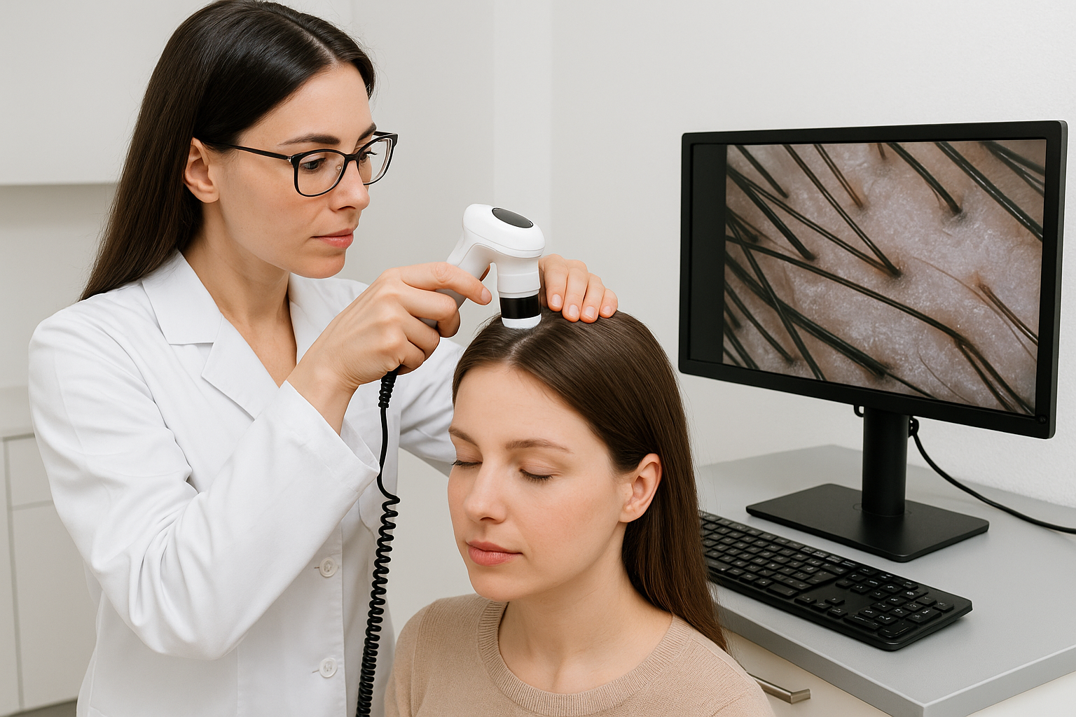 Hair specialist dermatologist examining scalp with professional equipment