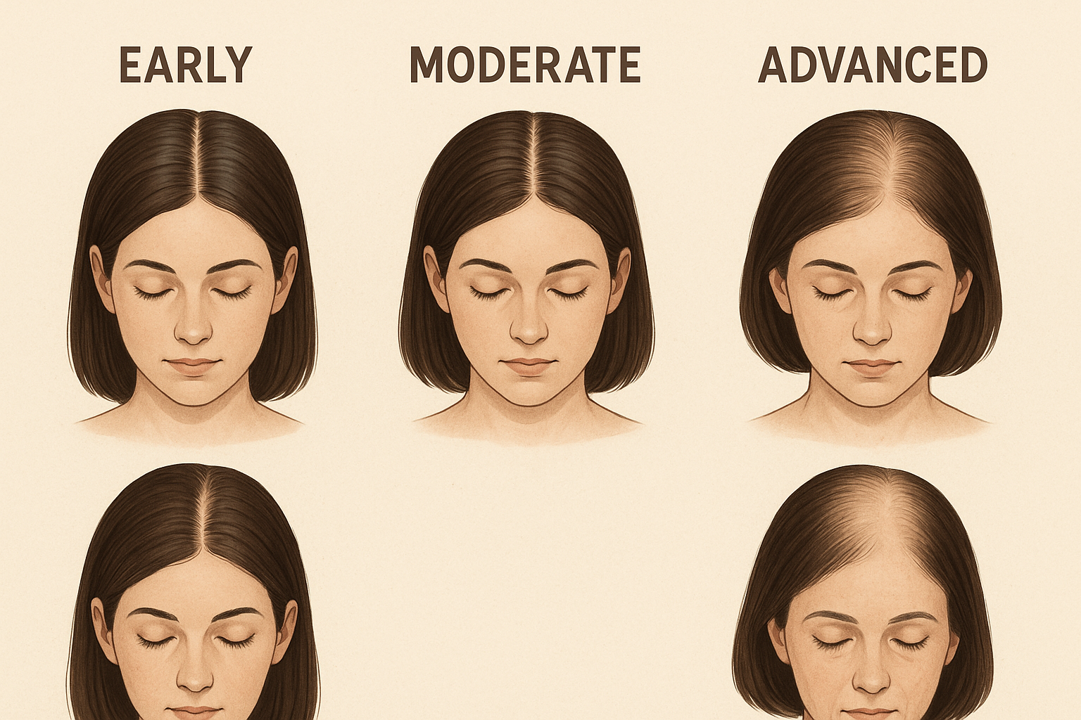 Female pattern hair loss progression stages showing gradual thinning