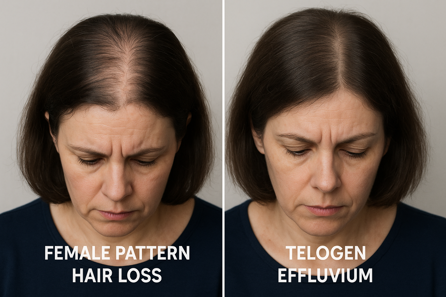 Side by side comparison of female pattern hair loss versus telogen effluvium