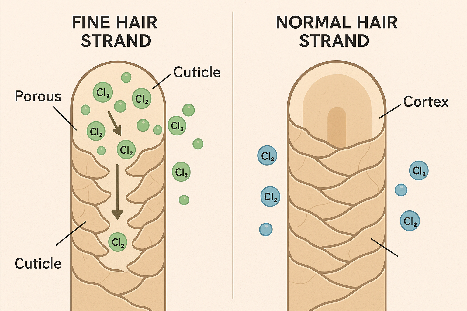 Cross-section diagram showing fine hair strand vulnerability to chlorine damage