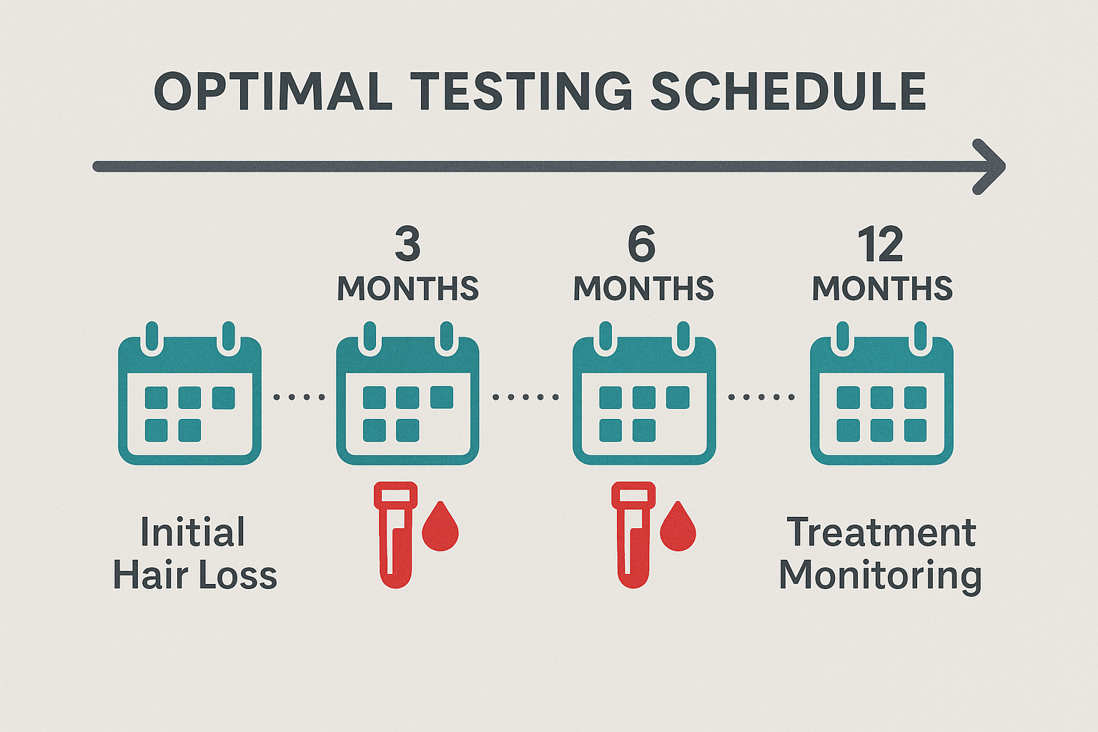 Timeline showing optimal blood testing schedule for hair loss diagnosis and treatment monitoring