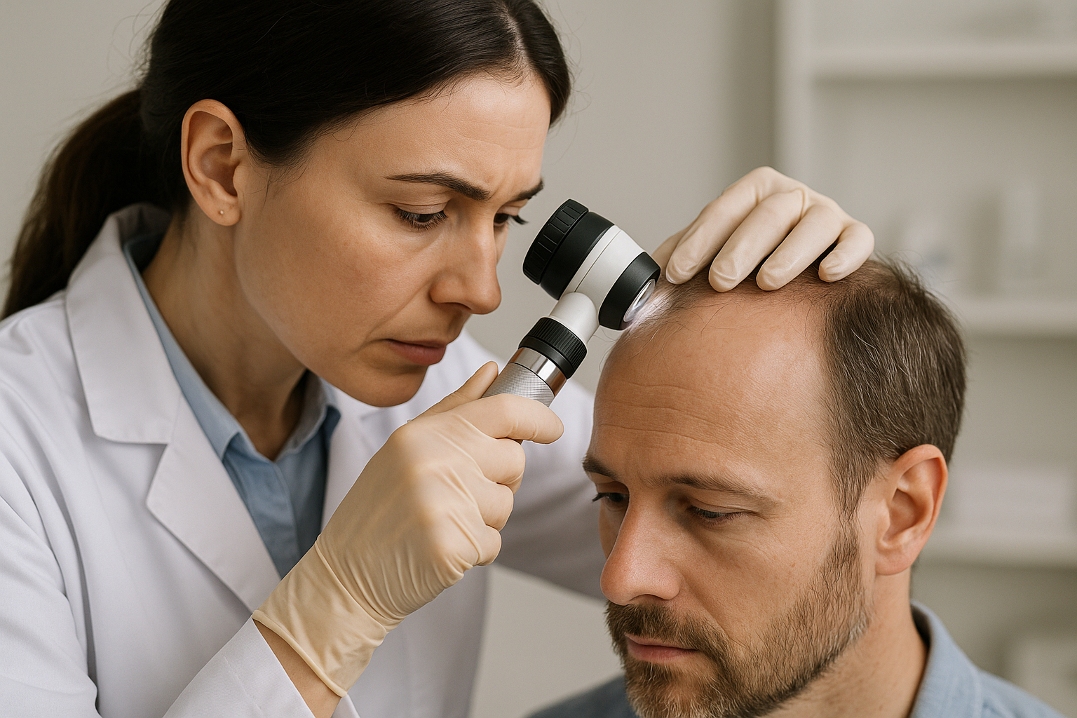 Dermatologist diagnosing hair loss using clinical examination techniques