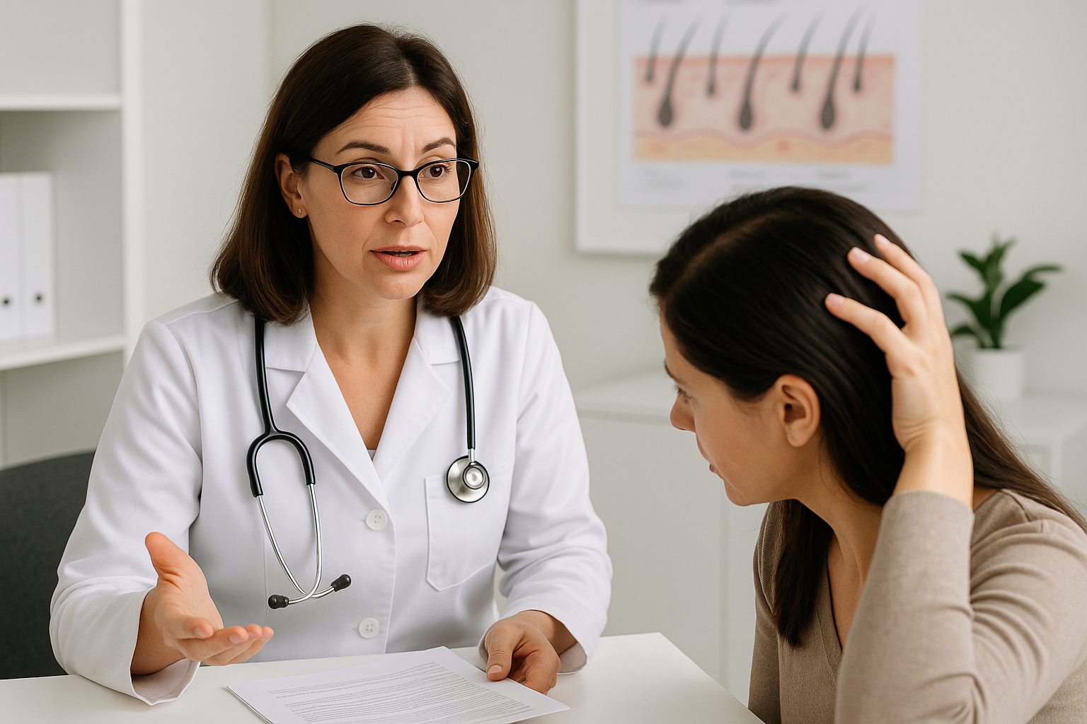 Woman consulting with dermatologist about hair loss concerns