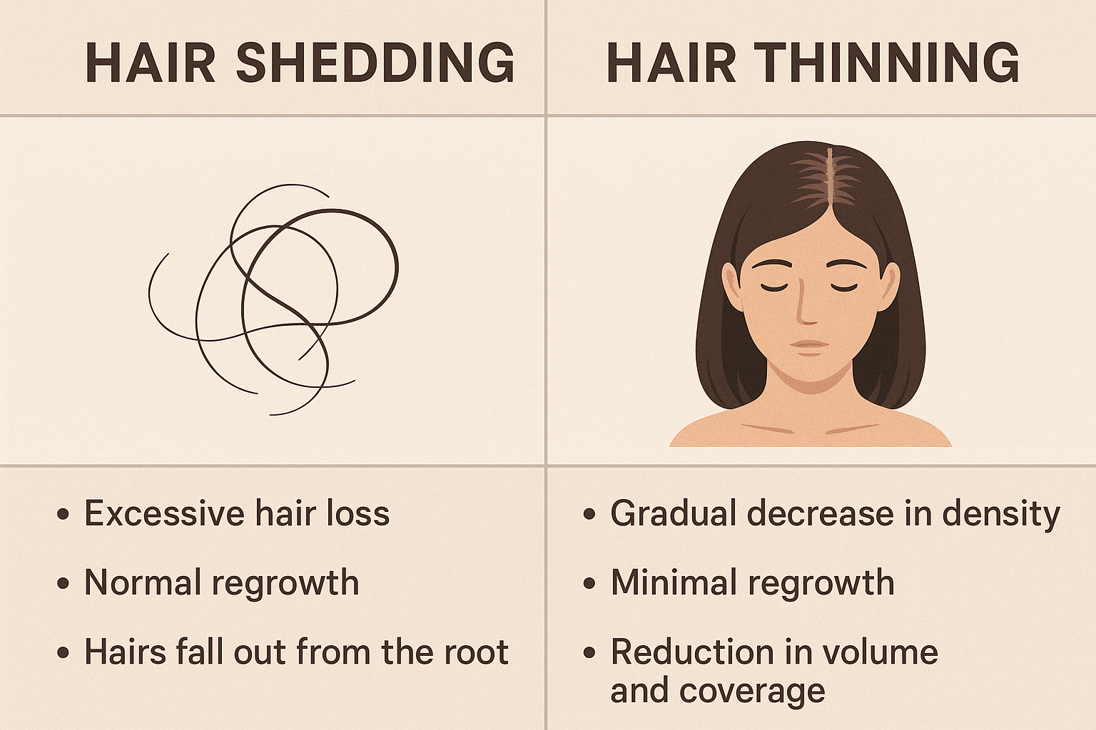 Hair shedding versus thinning comparison chart with key differences