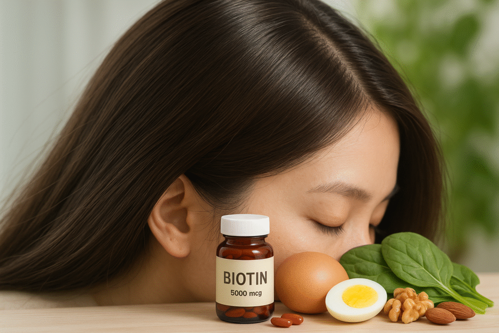 biotin for hair — woman examining hairline checking hair growth progress