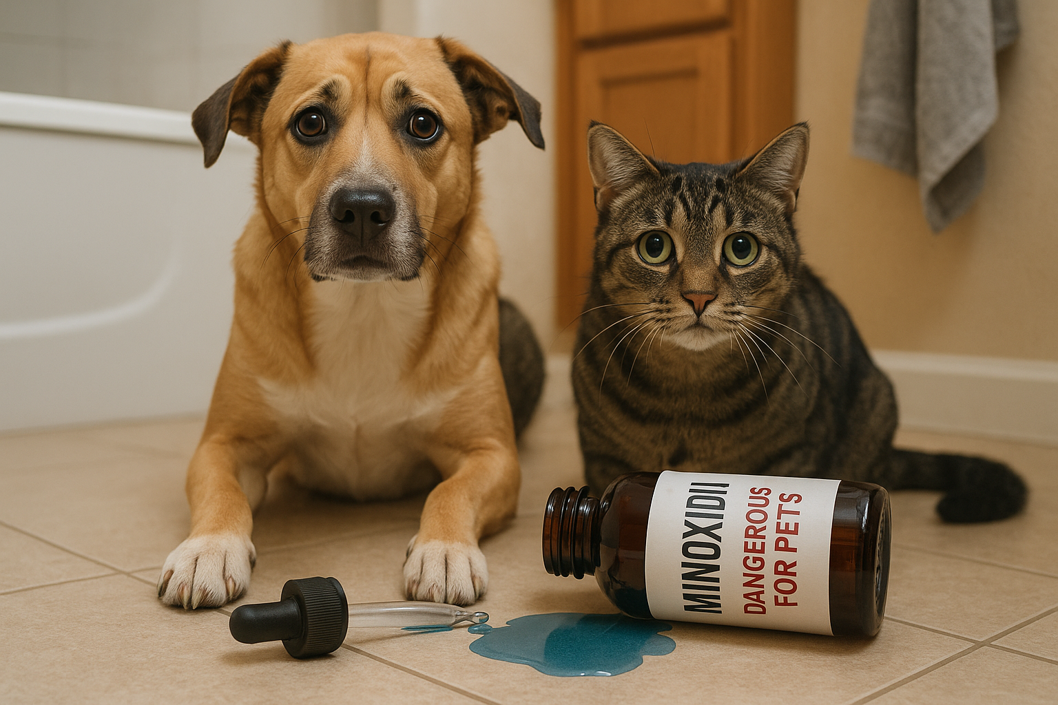 is minoxidil harmful to pets — concerned pet owner and cat owner reading warning label