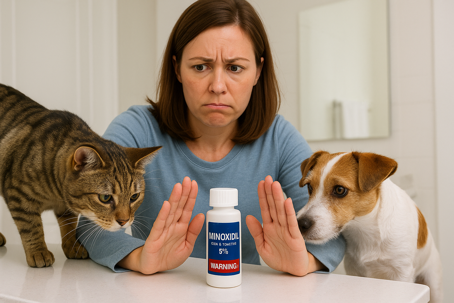 is minoxidil harmful to pets — cat near medicine bottle sniffing spilled minoxidil solution
