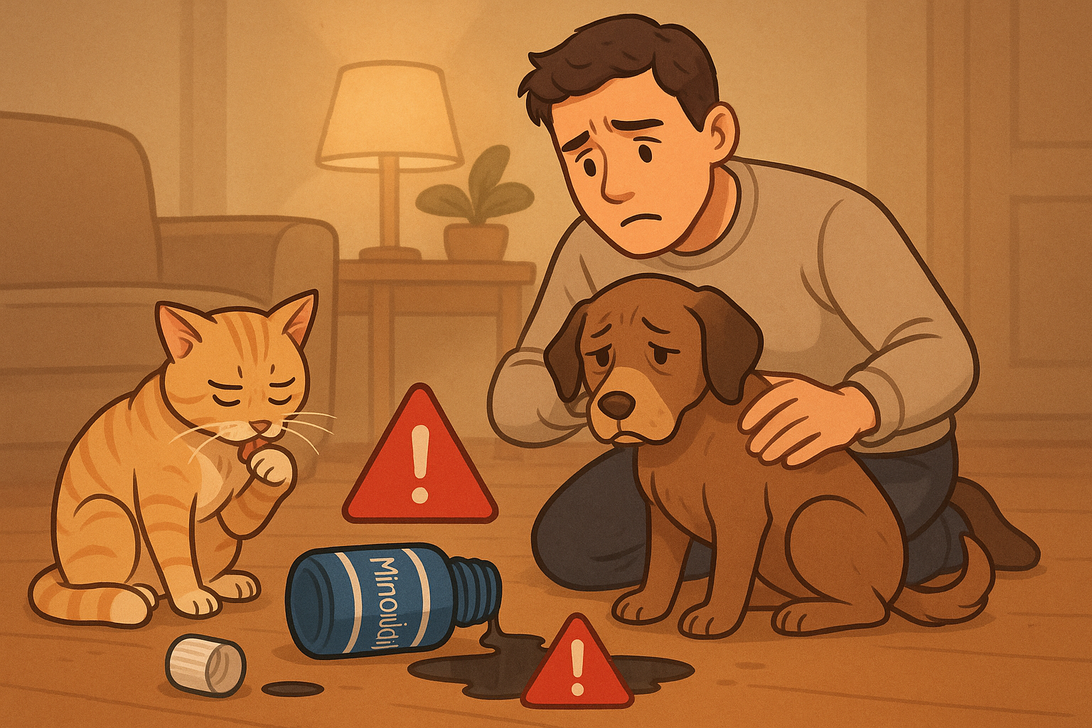 is minoxidil harmful to pets — cat near spilled bottle investigating liquid on floor