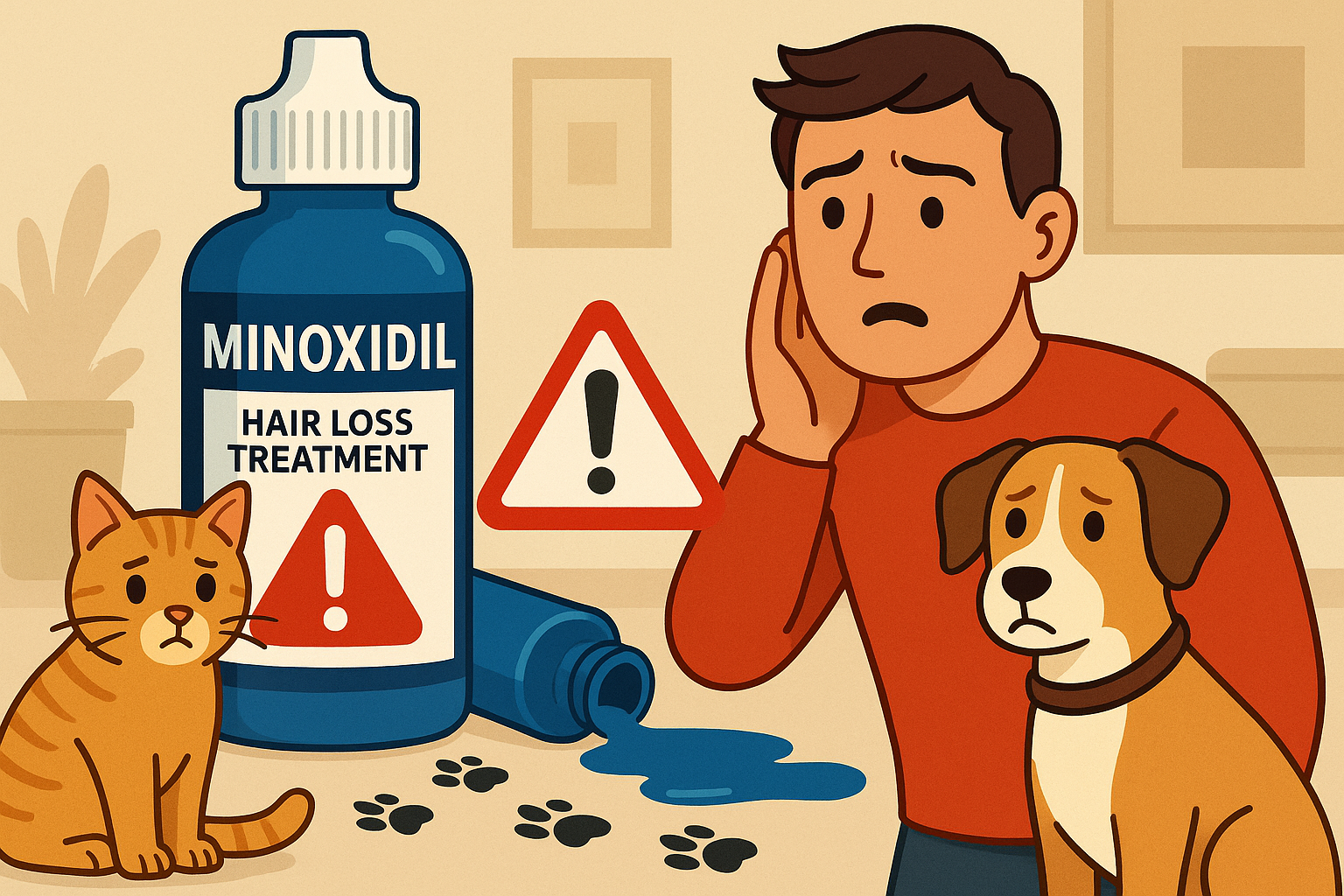 is minoxidil harmful to pets — cat and minoxidil bottle Cat sniffing spilled medication