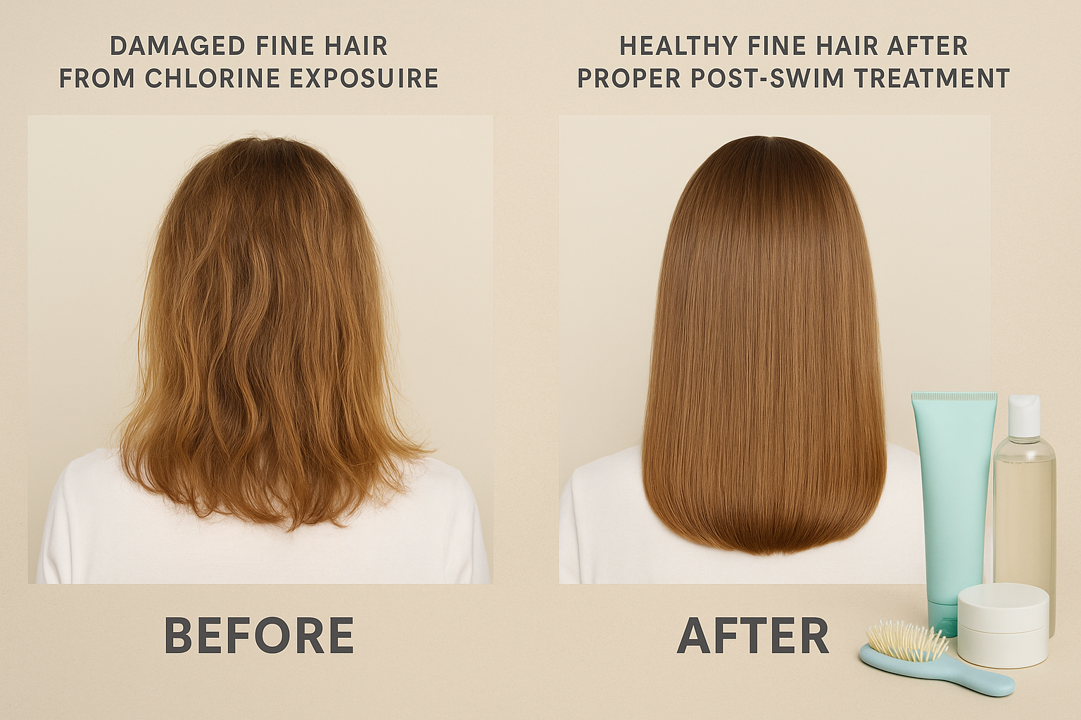 Before and after comparison of fine hair chlorine damage recovery with treatment products