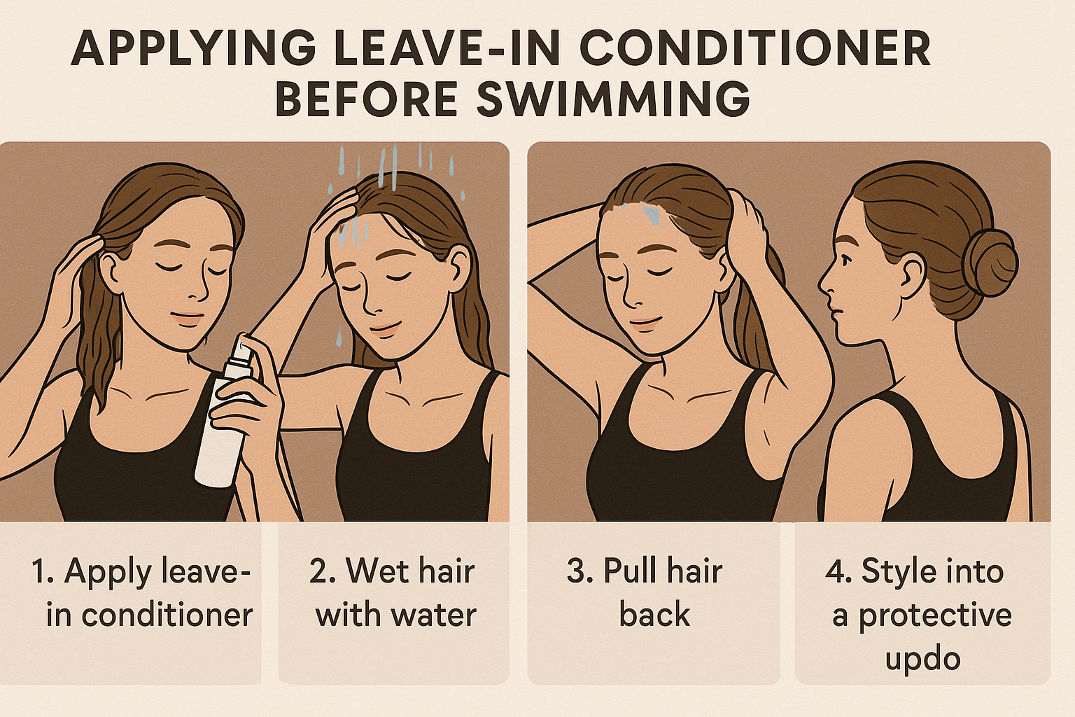 Woman applying leave-in conditioner and protective styling for fine hair before swimming