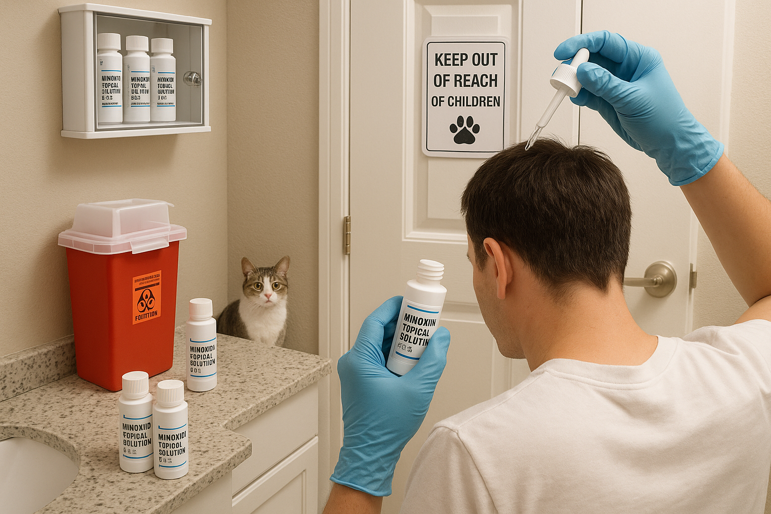 is minoxidil harmful to pets — pet owner applying minoxidil carefully applying solution in bathroom