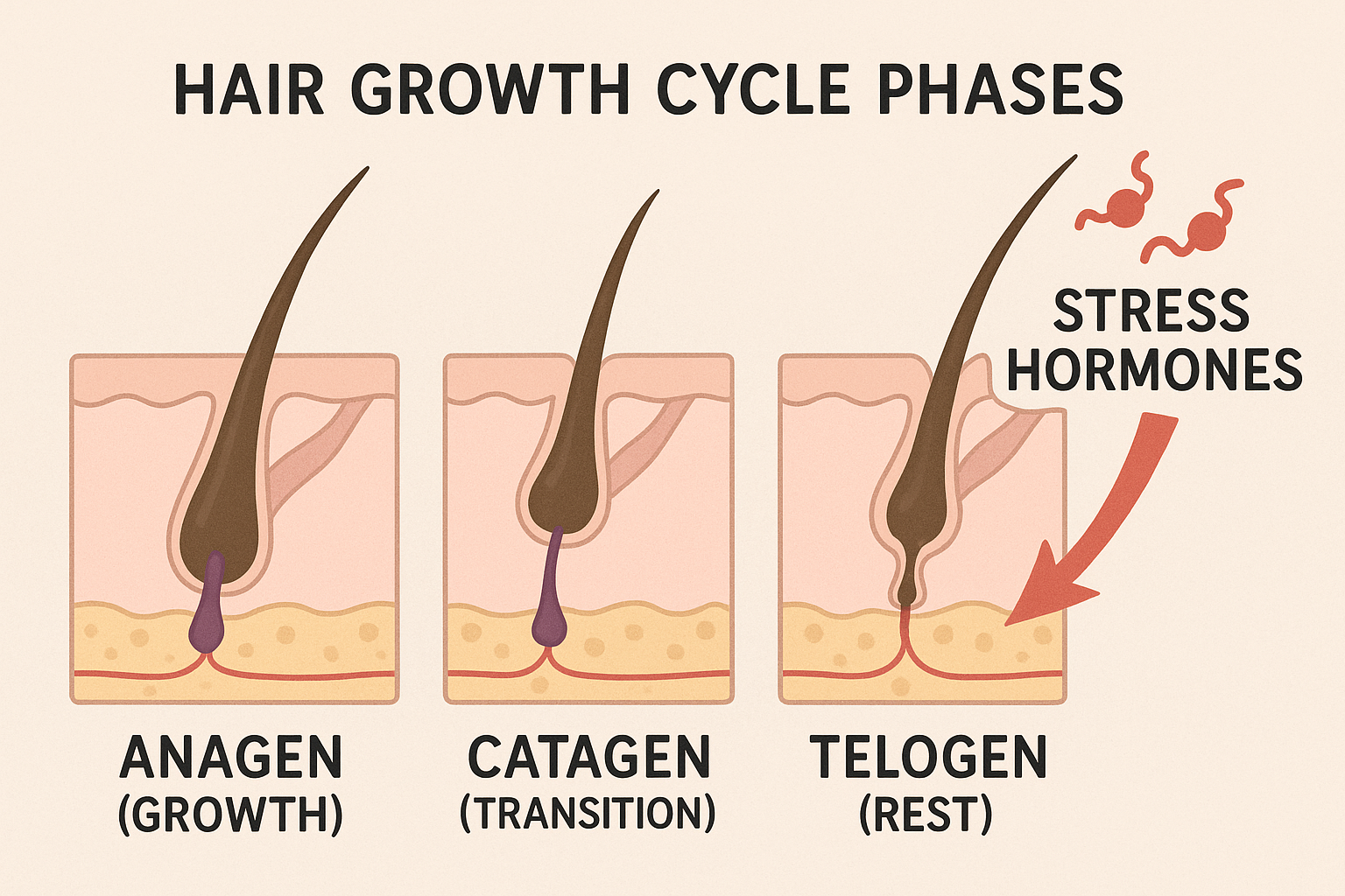 Hair growth cycle diagram showing how stress disrupts normal hair follicle phases