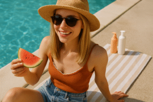 Person with healthy fine hair enjoying summer swimming with proper hair care routine