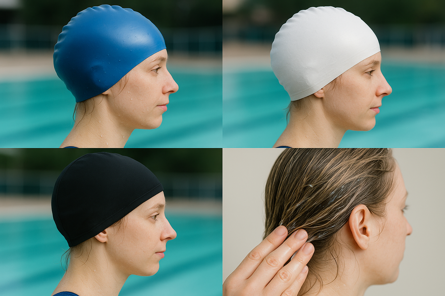Various swim cap types and water-resistant treatments for fine hair protection