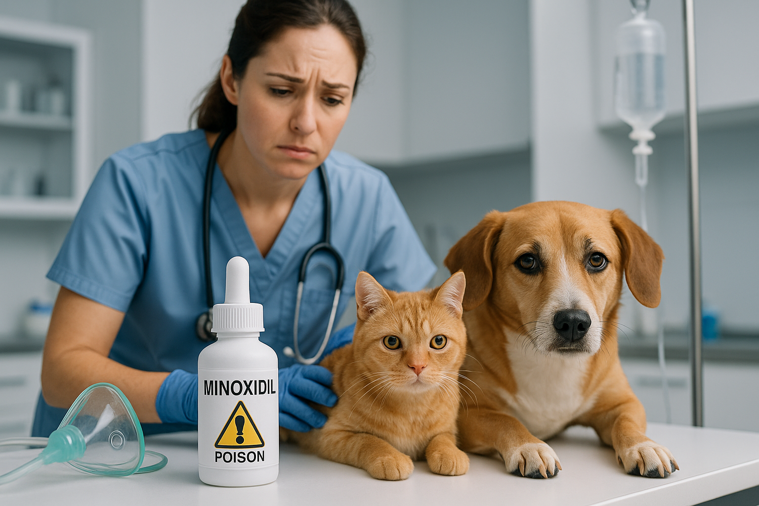minoxidil toxicosis — veterinarian treating pet administering intravenous fluids to dog