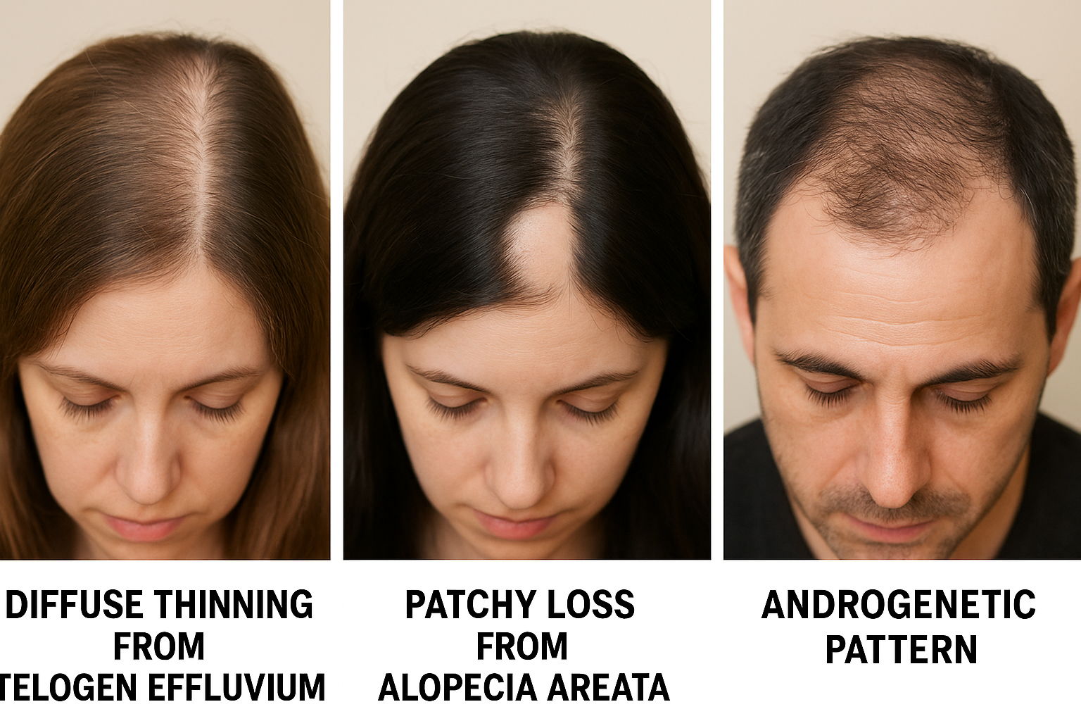 Visual comparison of telogen effluvium vs alopecia areata hair loss patterns after COVID