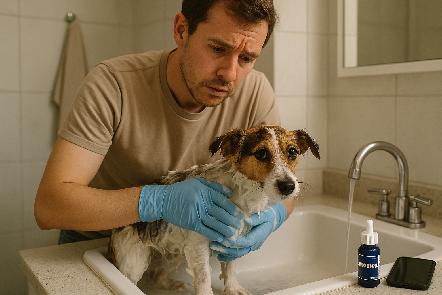 is minoxidil harmful to pets — pet owner and dog owner washing dog's fur