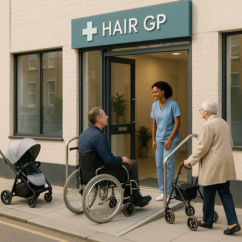 A welcoming, modern medical clinic exterior with step-free access, a clear pathway from the street, and a visible wheelchair ramp. A patient in a wheelchair is being greeted at the entrance by a smiling receptionist. The setting is in London, with subtle signage for “Hair GP” visible. Include elements like prams and mobility aids in the scene. Soft, natural lighting, calm and inclusive atmosphere. Designed to visually represent accessibility, support, and patient-centered care