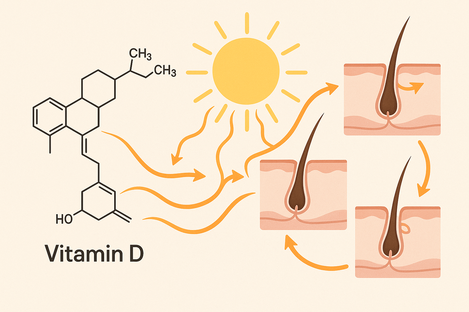 Vitamin D molecule structure connected to hair follicle growth cycle phases showing impact on each stage