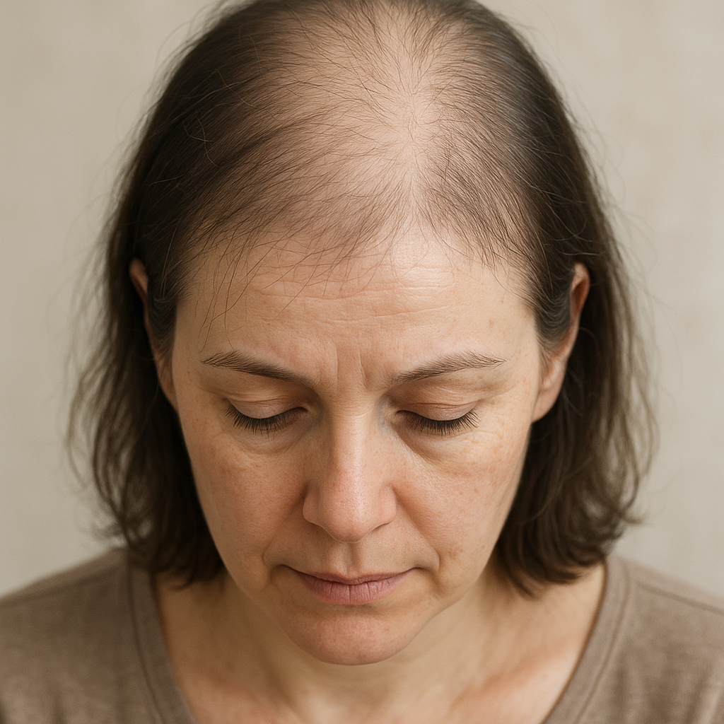 a lady with diffusly thinned hair due to stress