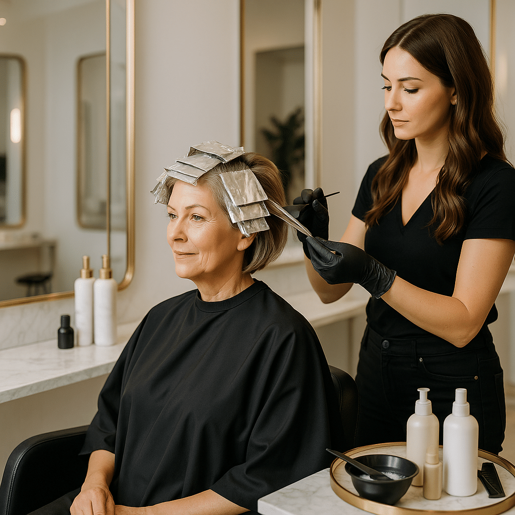 A stylish woman in her 30s getting her hair dyed with foils in a chic, modern hair salon. She’s seated in a sleek salon chair, wearing a black salon cape, with neat sections of her hair wrapped in silver foils. The salon has a minimal, elegant interior with large mirrors, soft natural lighting, and polished decor — think marble countertops, gold accents, and clean lines. A professional hairstylist is attentively working on her hair, with hair products and tools neatly arranged nearby. The atmosphere is calm and luxurious.