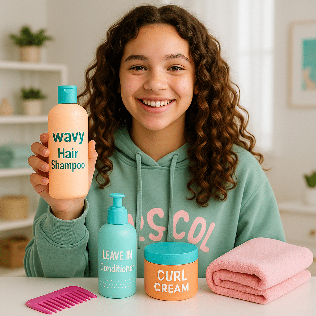 A teenage girl with natural curly hair smiling and holding up a bottle labeled "Curly Hair Shampoo" in a bright, modern bathroom or bedroom setting. She’s wearing casual, age-appropriate clothes (like a hoodie or graphic tee) and has a relaxed, confident expression. Around her are various hair care products for curly hair — leave-in conditioner, curl cream, wide-tooth comb, and a microfiber towel — neatly arranged. The scene feels fresh, fun, and relatable, with soft natural lighting and pops of color. Perfect for a teen audience learning to care for their curls.