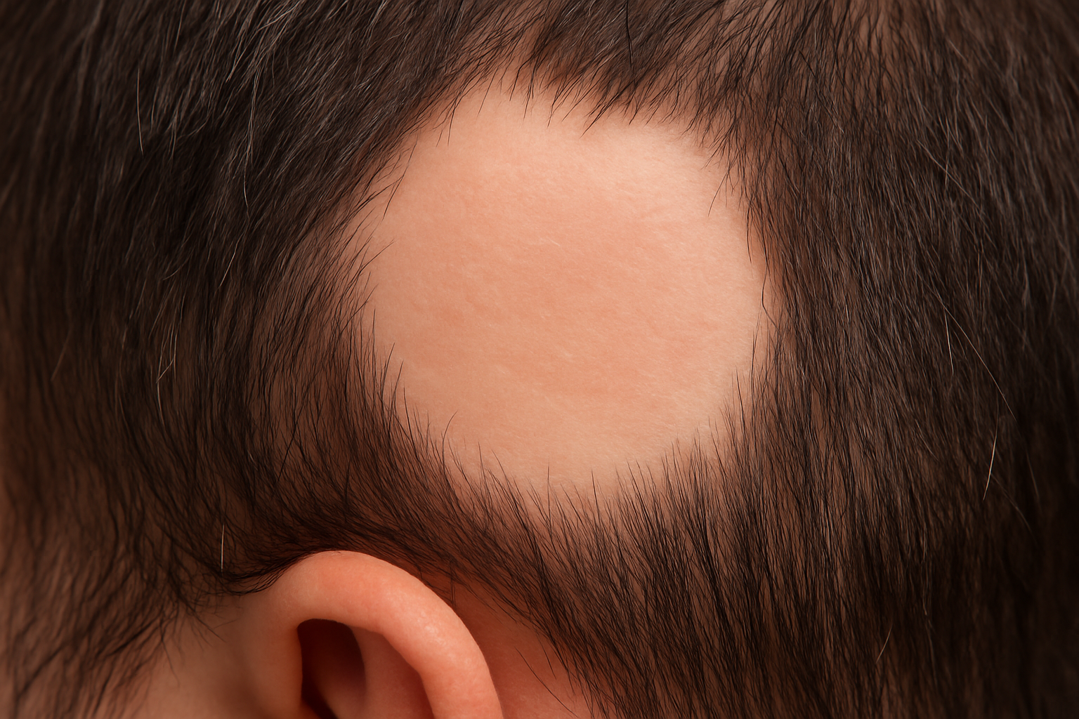 Alopecia areata showing round smooth patches of hair loss on scalp