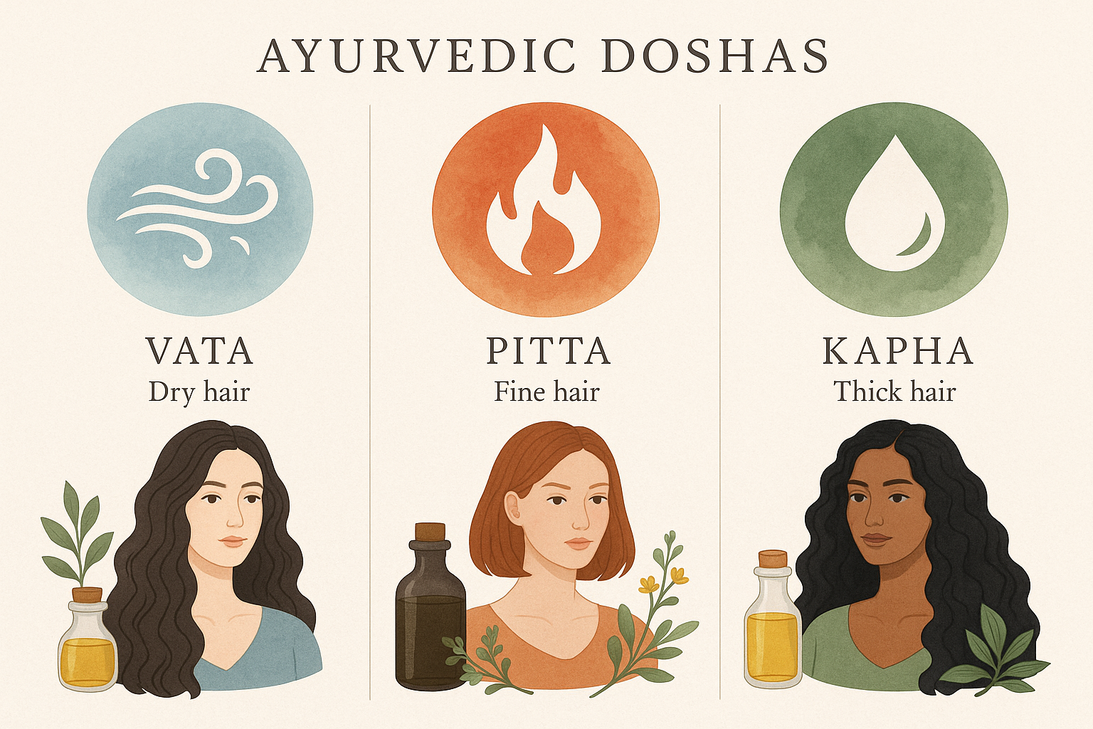 Ayurvedic doshas and hair care principles showing Vata, Pitta, and Kapha constitutions