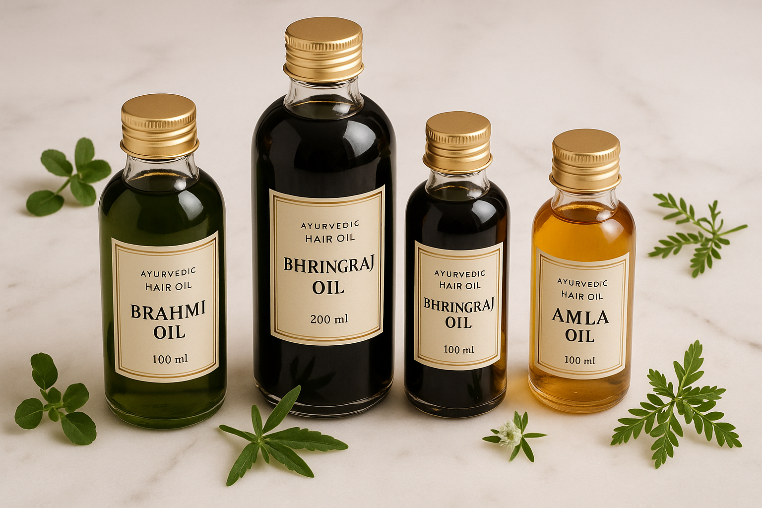 Collection of Ayurvedic hair oil bottles including Brahmi, Bhringraj, and Amla oils