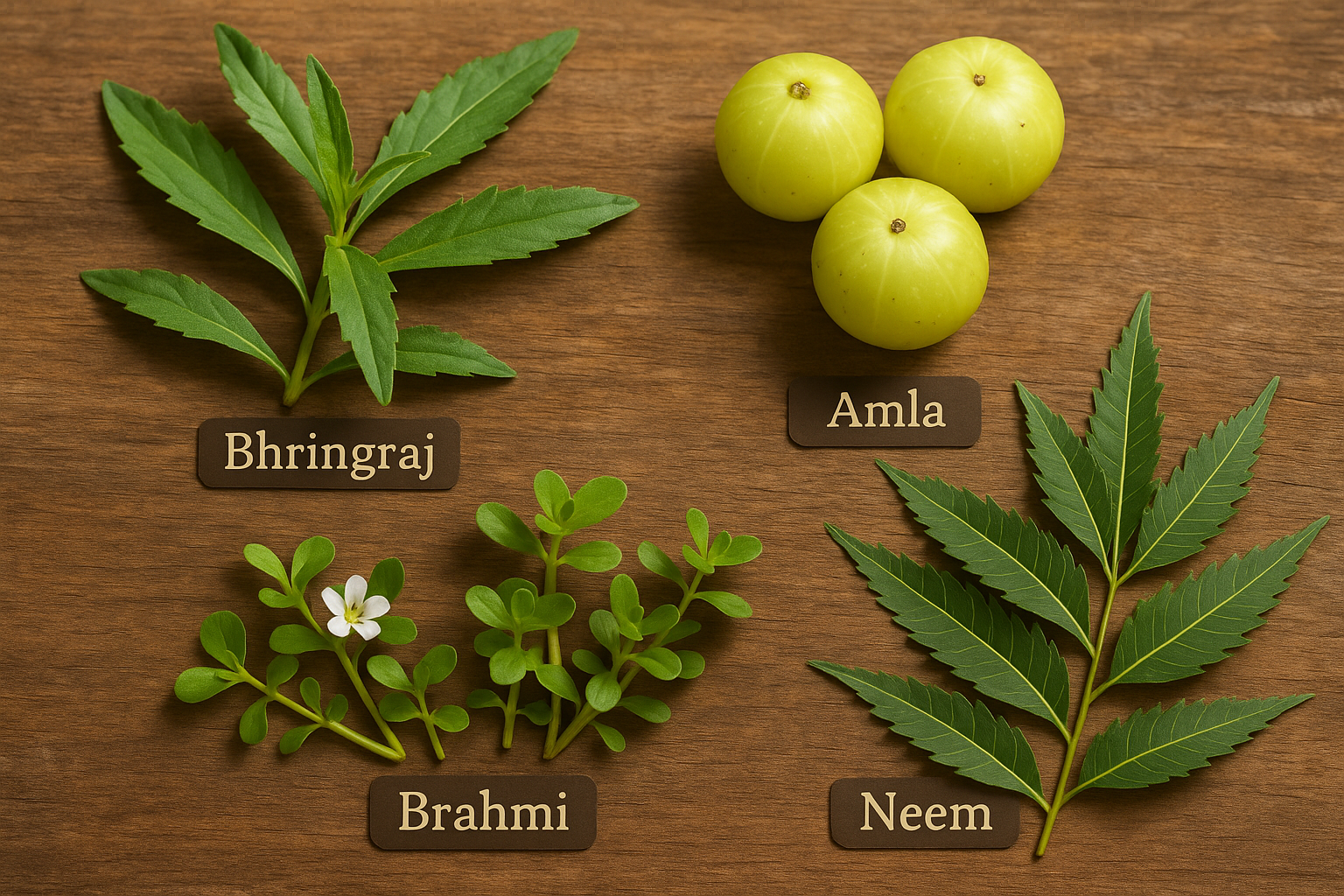 Collection of traditional Ayurvedic herbs for hair care including Bhringraj, Amla, Brahmi, and Neem