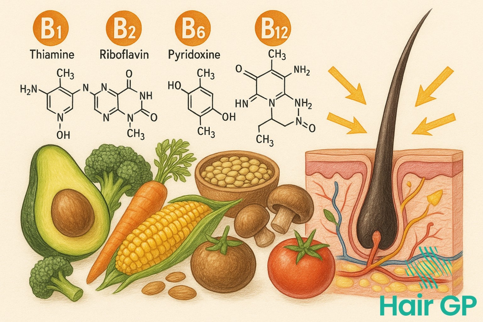 B vitamin rich plant foods including nutritional yeast and leafy greens for hair health