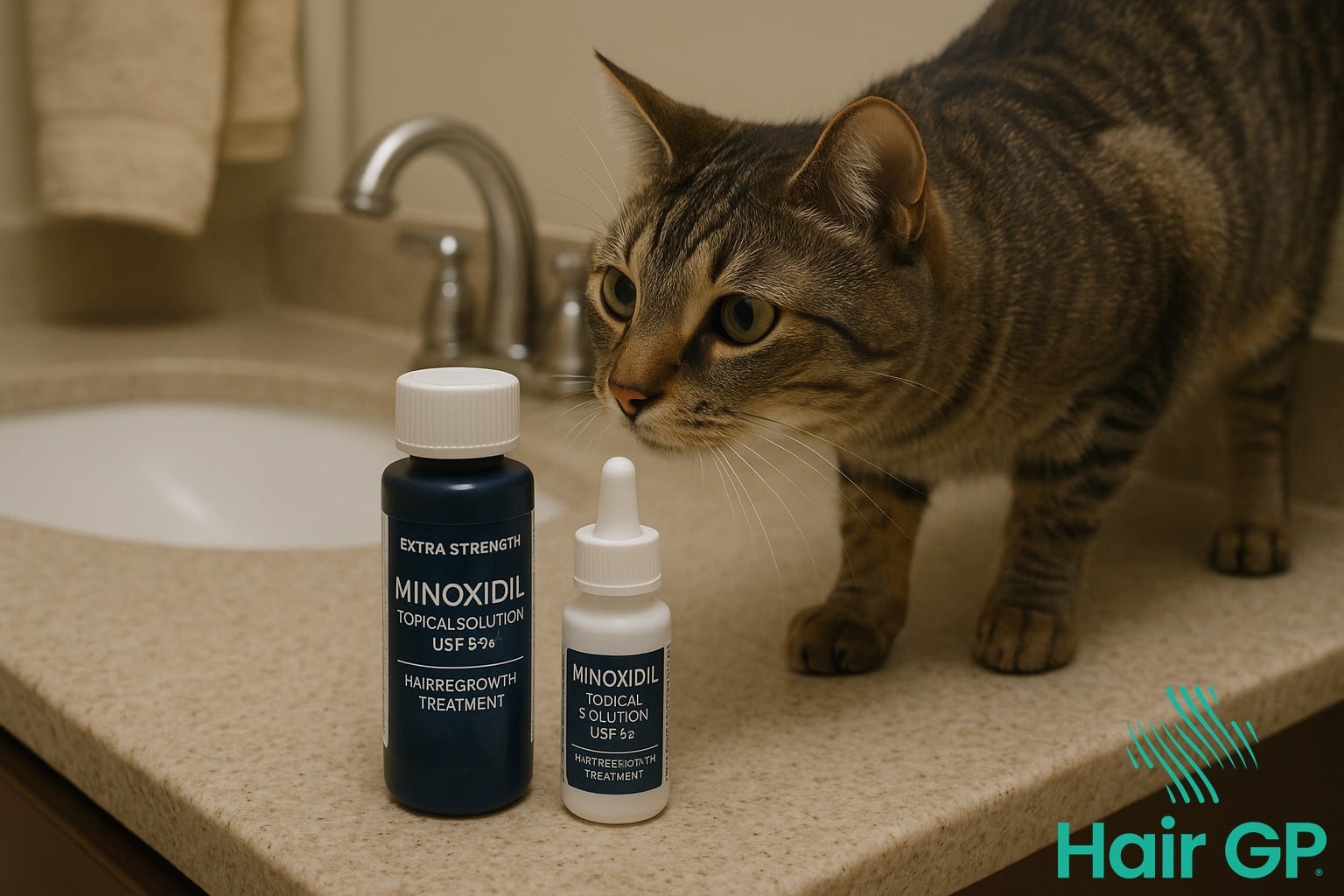 Cat near minoxidil products on bathroom counter showing exposure risk