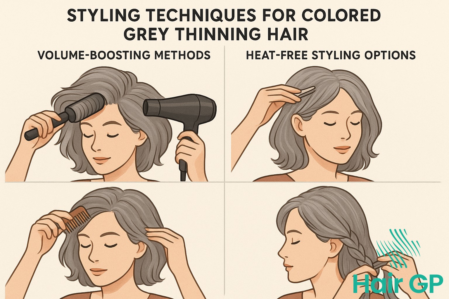 Styling techniques for colored grey thinning hair with volume-boosting and protective methods