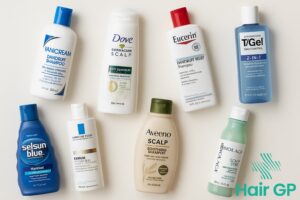 Collection of dandruff shampoos and hair products for scalp care