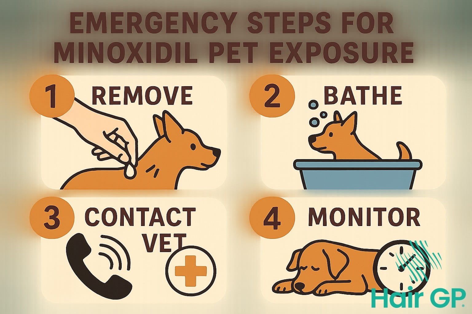 Emergency steps for pet minoxidil exposure with contact information