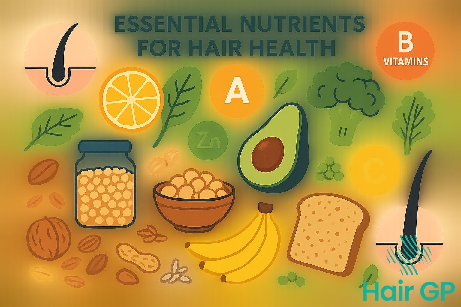 Essential nutrients for hair growth from plant-based sources including vitamins and minerals