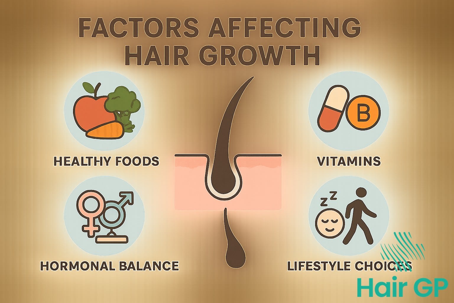 Infographic showing genetics, nutrition, and hormones affecting hair growth