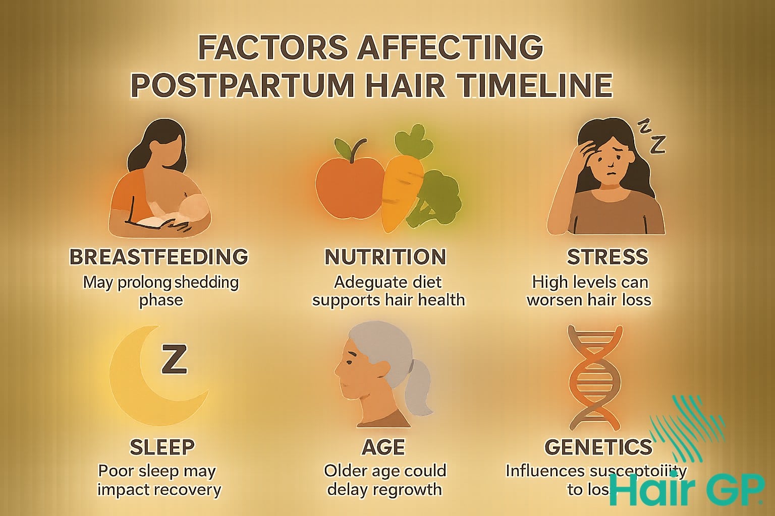 Factors influencing postpartum hair loss recovery timeline including breastfeeding nutrition stress