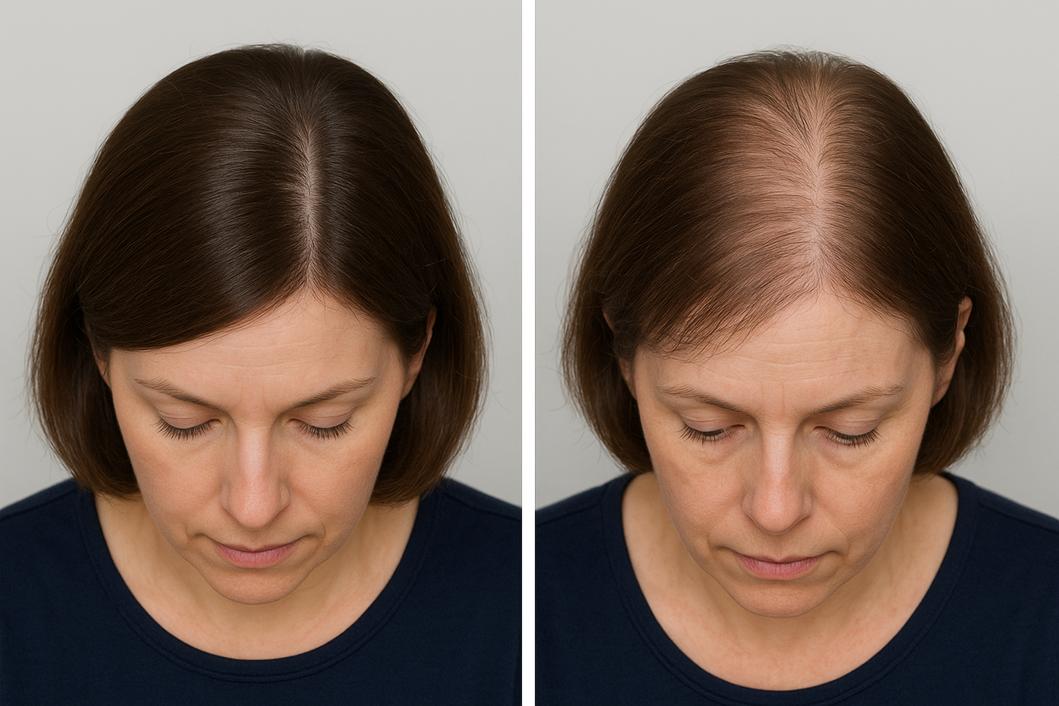 Female pattern hair loss progression showing thinning crown and widening part